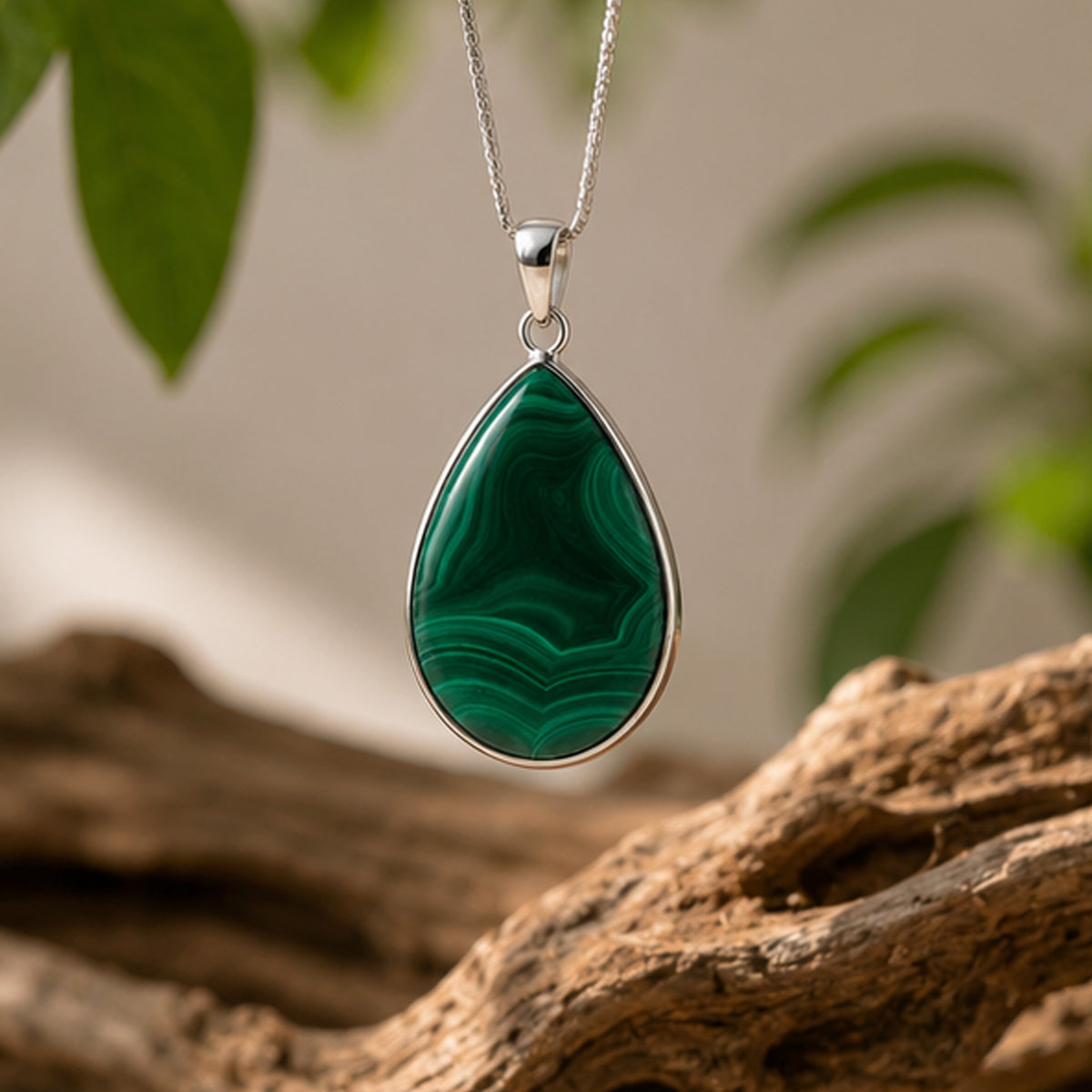 Natural Malachite Teardrop Pendant Stainless Steel Green Gemstone Necklace Boho Style Jewelry for Women