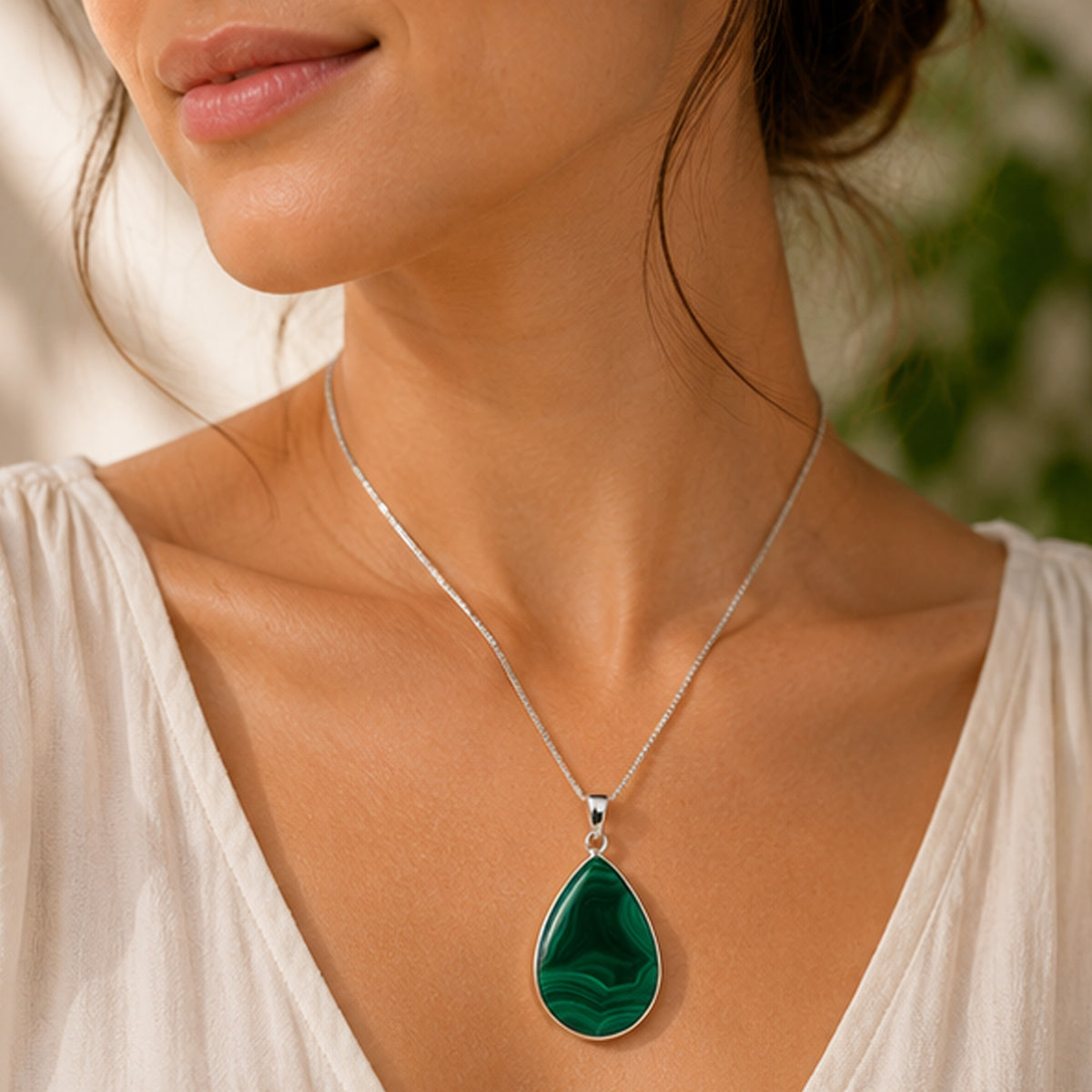 Natural Malachite Teardrop Pendant Stainless Steel Green Gemstone Necklace Boho Style Jewelry for Women