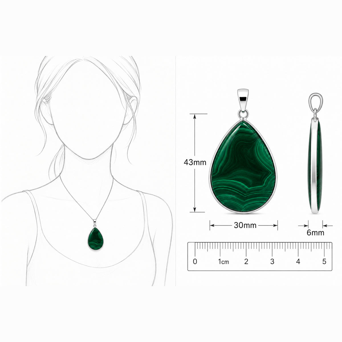 Natural Malachite Teardrop Pendant Stainless Steel Green Gemstone Necklace Boho Style Jewelry for Women