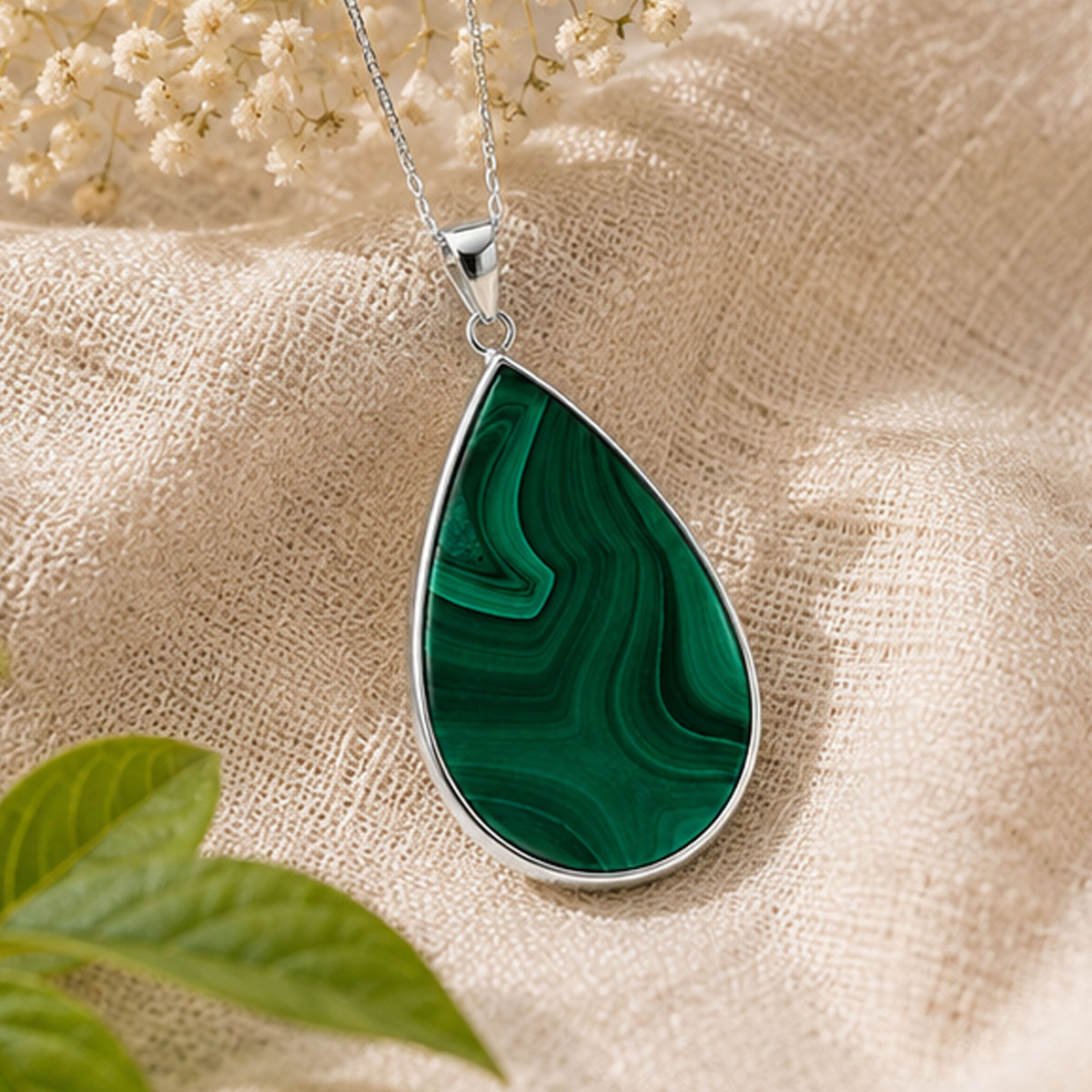 Natural Malachite Teardrop Pendant Stainless Steel Green Gemstone Necklace Boho Jewelry for Women