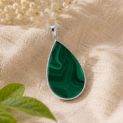 Natural Malachite Teardrop Pendant Stainless Steel Green Gemstone Necklace Boho Jewelry for Women