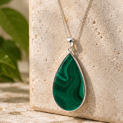 Natural Malachite Teardrop Pendant Stainless Steel Green Gemstone Necklace Boho Jewelry for Women