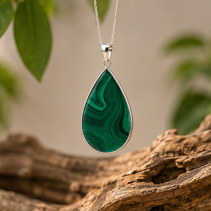 Natural Malachite Teardrop Pendant Stainless Steel Green Gemstone Necklace Boho Jewelry for Women