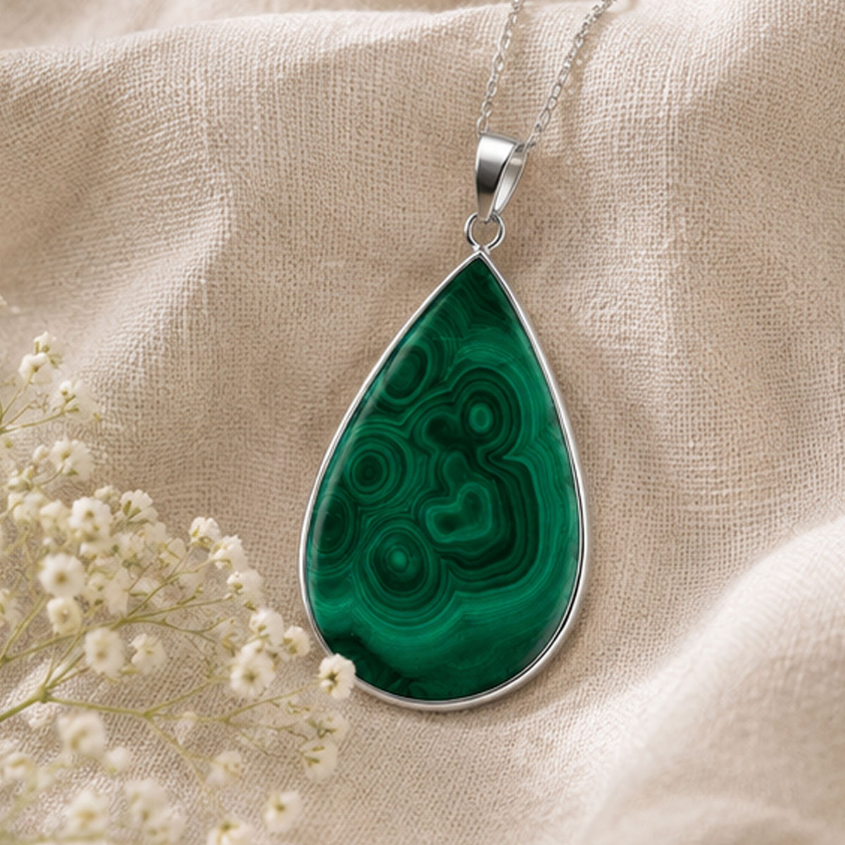 Natural Malachite Teardrop Pendant Stainless Steel Green Gemstone Necklace Boho Jewelry Gift for Women