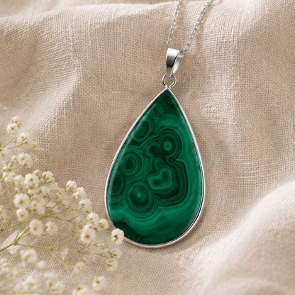 Natural Malachite Teardrop Pendant Stainless Steel Green Gemstone Necklace Boho Jewelry Gift for Women