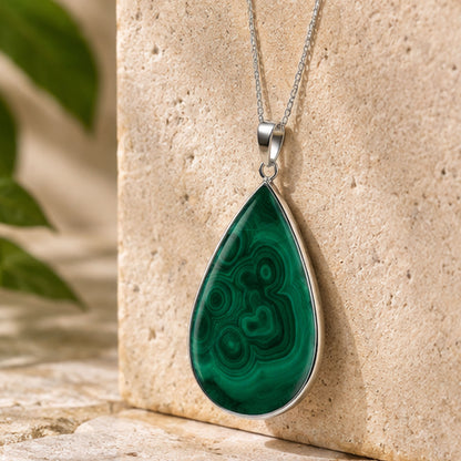 Natural Malachite Teardrop Pendant Stainless Steel Green Gemstone Necklace Boho Jewelry Gift for Women