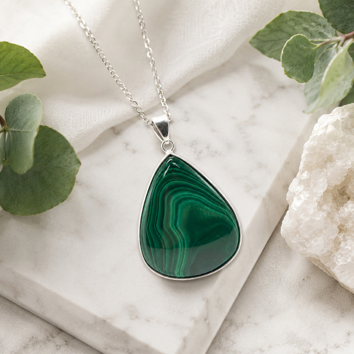 Natural Malachite Teardrop Pendant Stainless Steel Green Gemstone Necklace Boho Jewelry Gift for Women