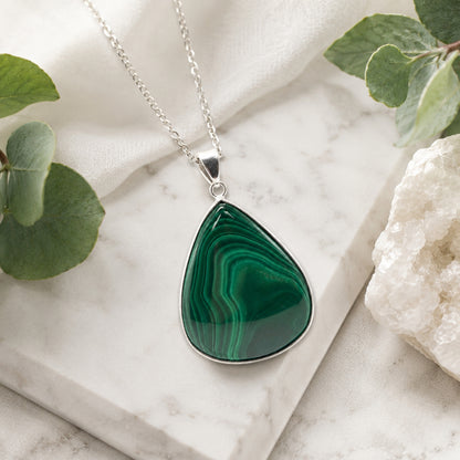 Natural Malachite Teardrop Pendant Stainless Steel Green Gemstone Necklace Boho Jewelry Gift for Women