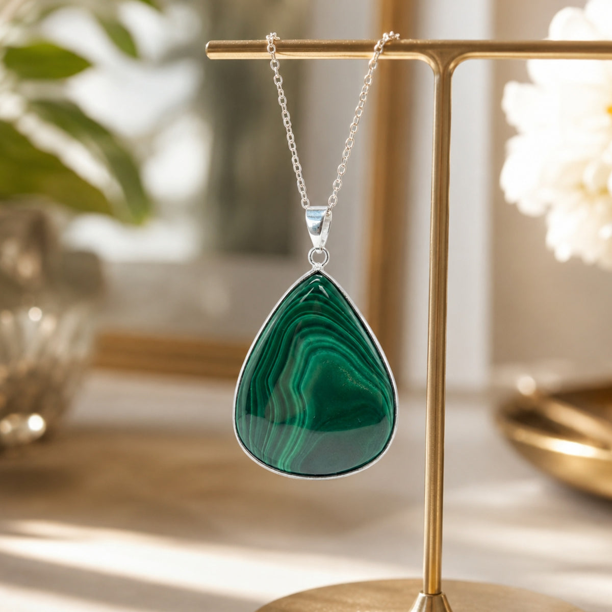 Natural Malachite Teardrop Pendant Stainless Steel Green Gemstone Necklace Boho Jewelry Gift for Women