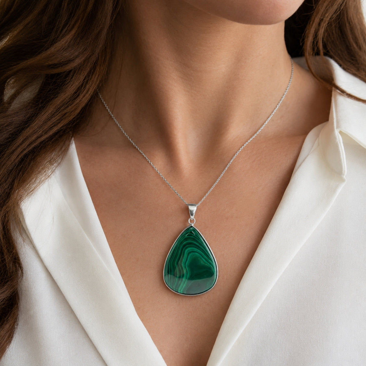 Natural Malachite Teardrop Pendant Stainless Steel Green Gemstone Necklace Boho Jewelry Gift for Women