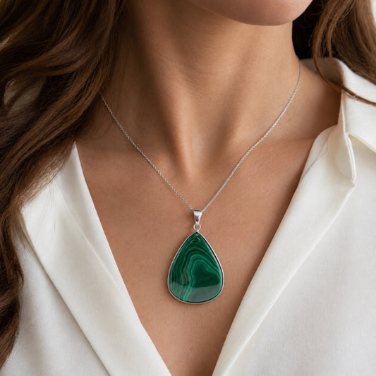 Natural Malachite Teardrop Pendant Stainless Steel Green Gemstone Necklace Boho Jewelry Gift for Women