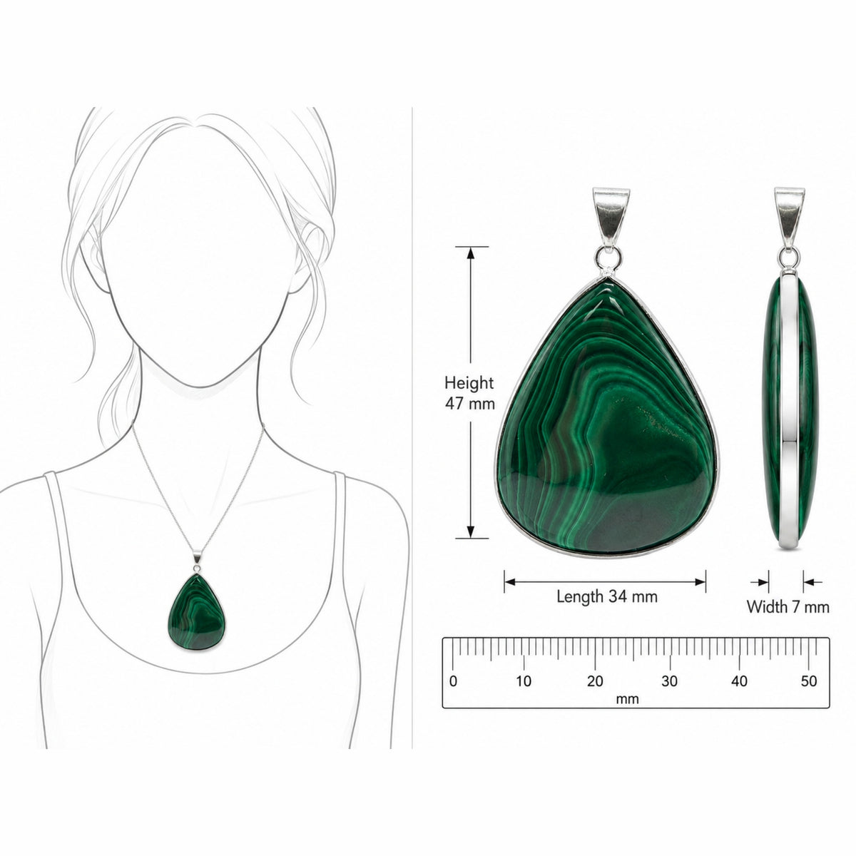 Natural Malachite Teardrop Pendant Stainless Steel Green Gemstone Necklace Boho Jewelry Gift for Women