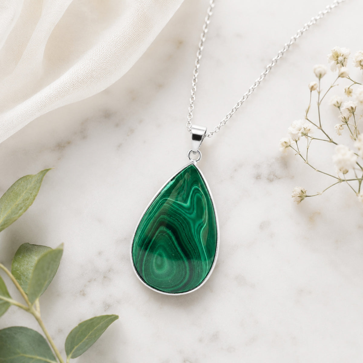 Natural Malachite Teardrop Pendant Stainless Steel Green Gemstone Necklace Boho Jewelry Gift for Women