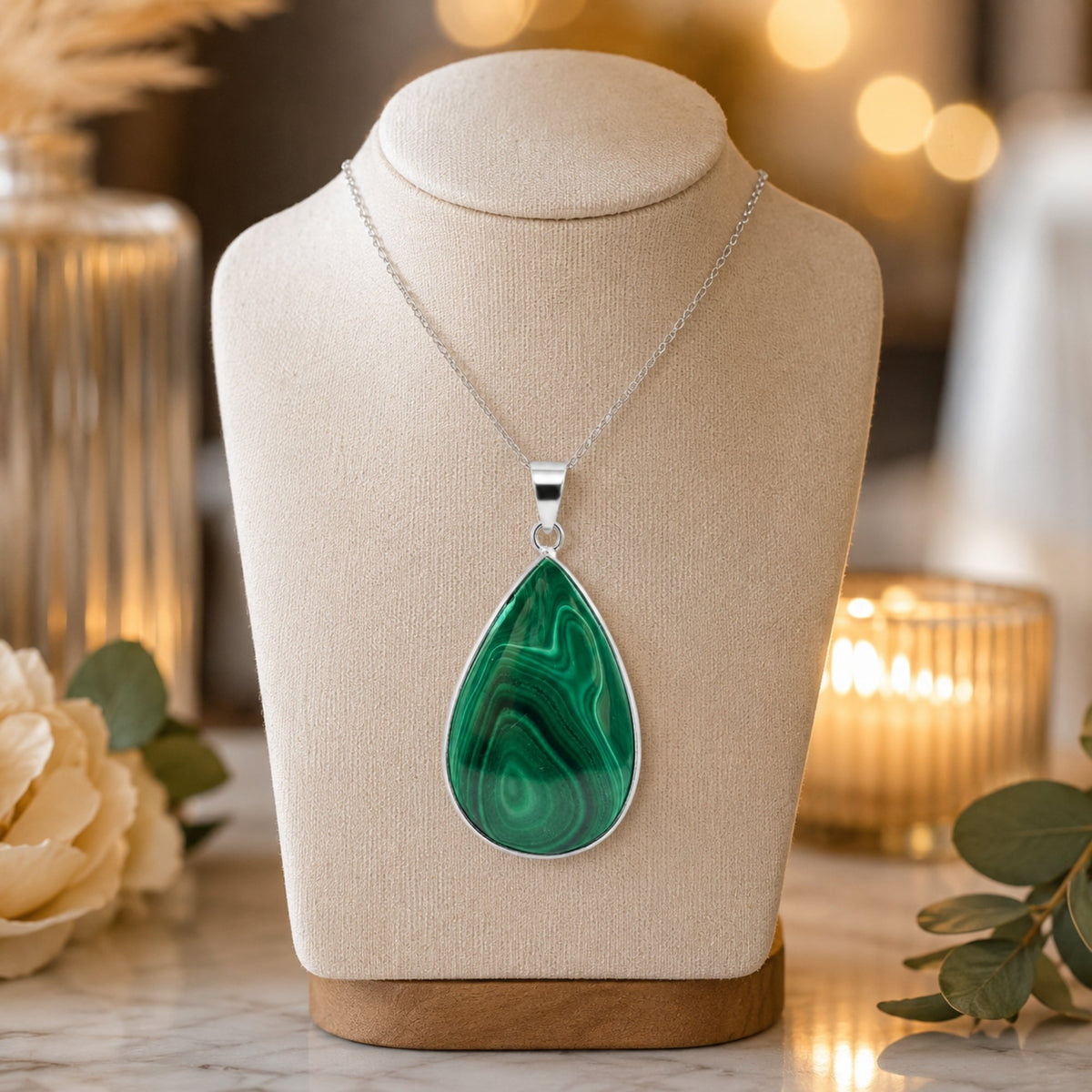 Natural Malachite Teardrop Pendant Stainless Steel Green Gemstone Necklace Boho Jewelry Gift for Women