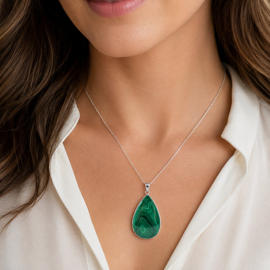 Natural Malachite Teardrop Pendant Stainless Steel Green Gemstone Necklace Boho Jewelry Gift for Women