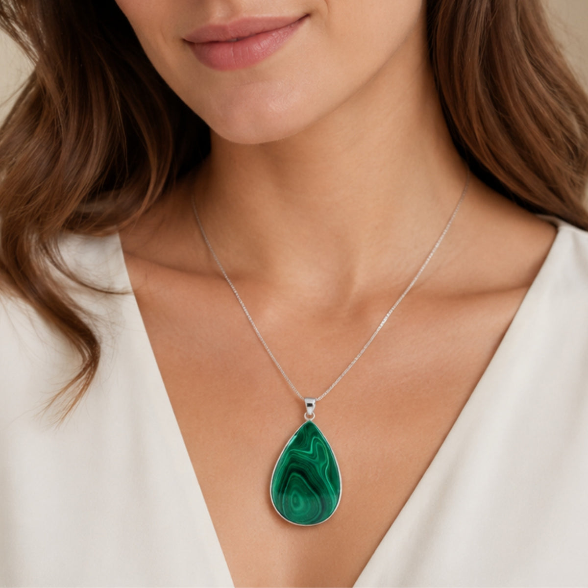 Natural Malachite Teardrop Pendant Stainless Steel Green Gemstone Necklace Boho Jewelry Gift for Women