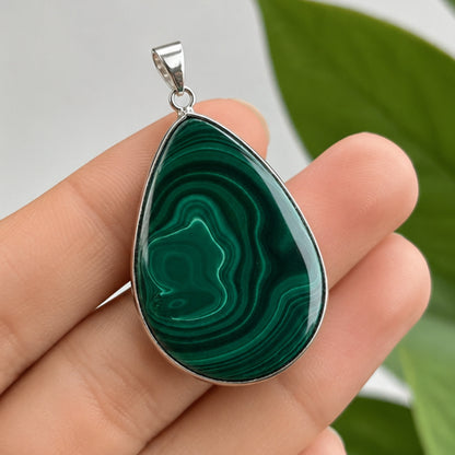 Natural Malachite Teardrop Pendant Stainless Steel Green Gemstone Necklace Boho Jewelry for Women