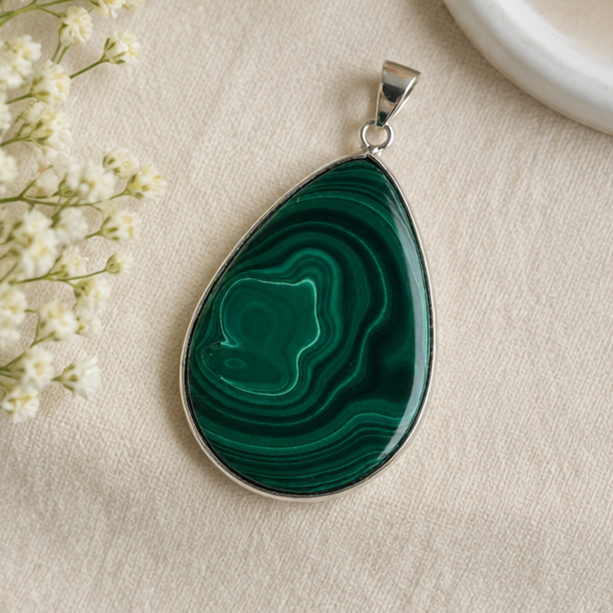 Natural Malachite Teardrop Pendant Stainless Steel Green Gemstone Necklace Boho Jewelry for Women