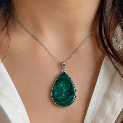 Natural Malachite Teardrop Pendant Stainless Steel Green Gemstone Necklace Boho Jewelry for Women