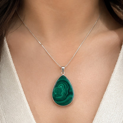 Natural Malachite Teardrop Pendant Stainless Steel Green Gemstone Necklace Boho Jewelry for Women