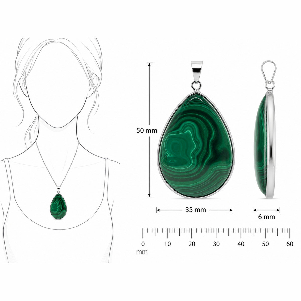 Natural Malachite Teardrop Pendant Stainless Steel Green Gemstone Necklace Boho Jewelry for Women