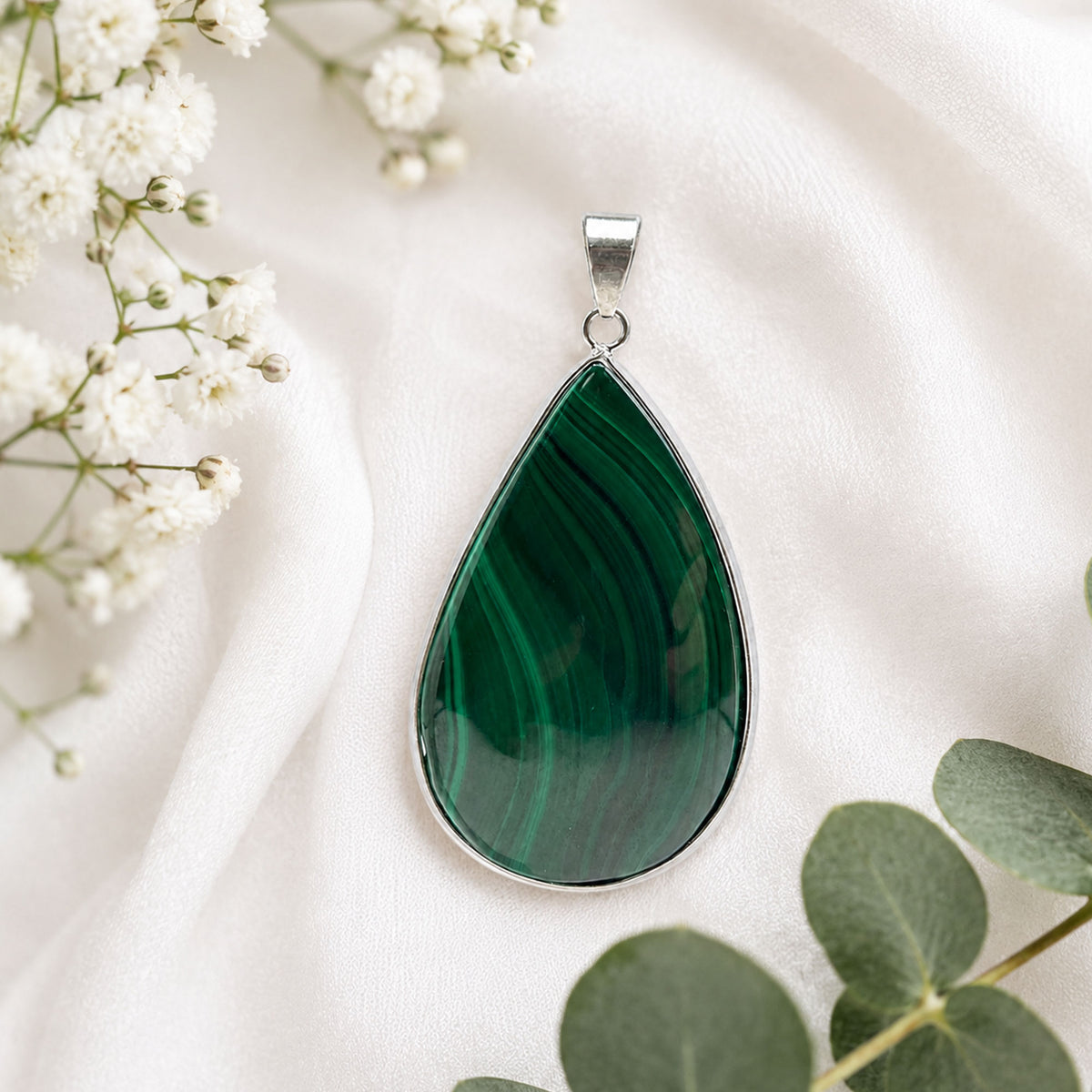 Natural Malachite Teardrop Pendant Stainless Steel Green Gemstone Necklace Boho Jewelry Gift for Women
