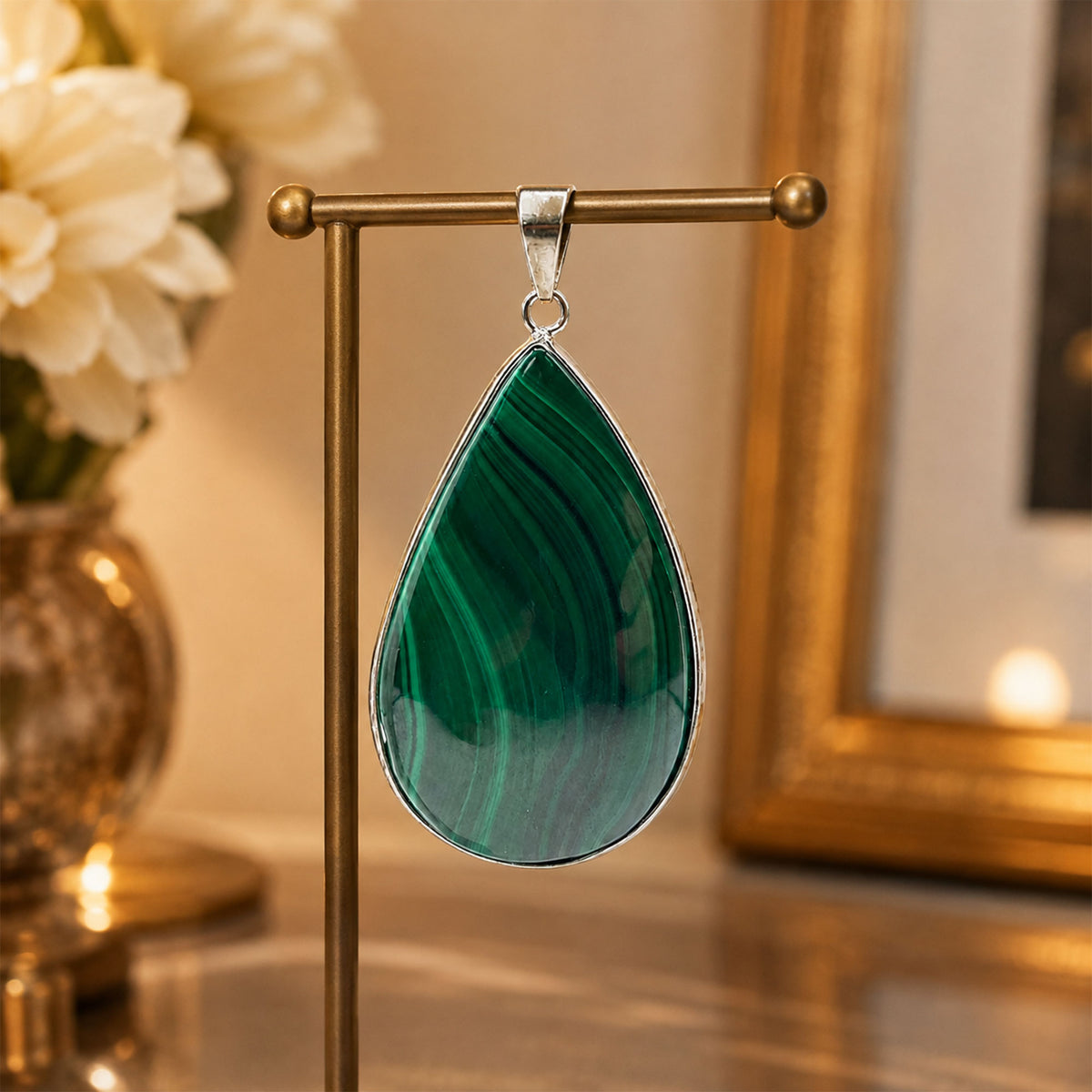 Natural Malachite Teardrop Pendant Stainless Steel Green Gemstone Necklace Boho Jewelry Gift for Women