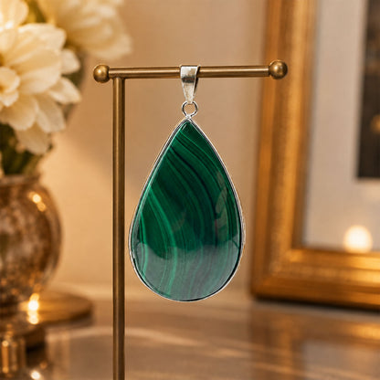 Natural Malachite Teardrop Pendant Stainless Steel Green Gemstone Necklace Boho Jewelry Gift for Women