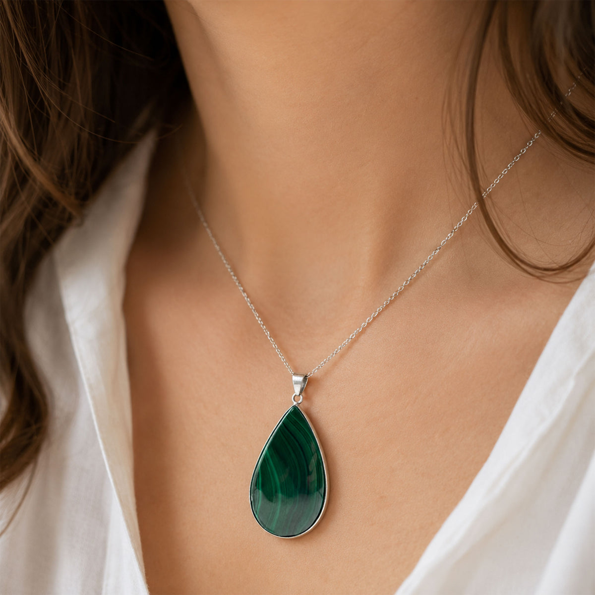 Natural Malachite Teardrop Pendant Stainless Steel Green Gemstone Necklace Boho Jewelry Gift for Women