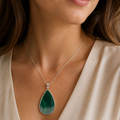 Natural Malachite Teardrop Pendant Stainless Steel Green Gemstone Necklace Boho Jewelry Gift for Women