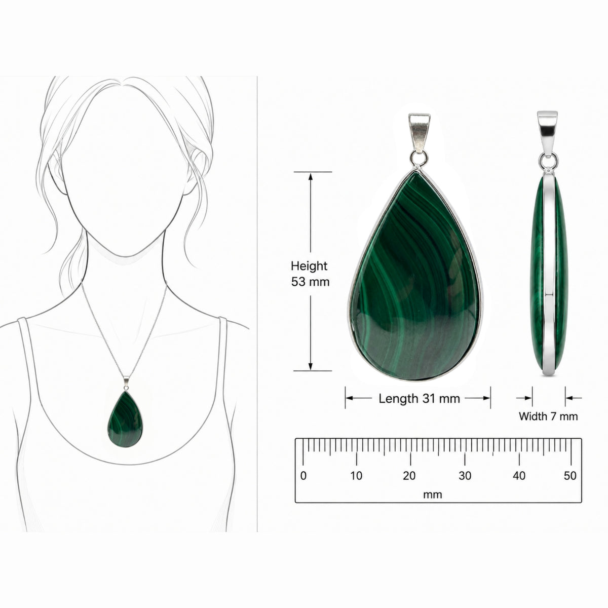 Natural Malachite Teardrop Pendant Stainless Steel Green Gemstone Necklace Boho Jewelry Gift for Women