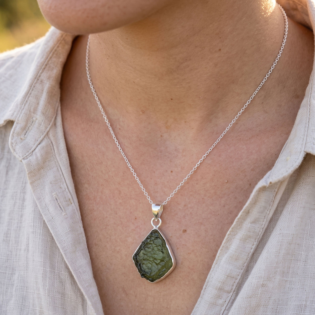 Moldavite Pendant, 925 Sterling Silver Green Crystal Gemstone Jewelry - Gem Avenue Retail
