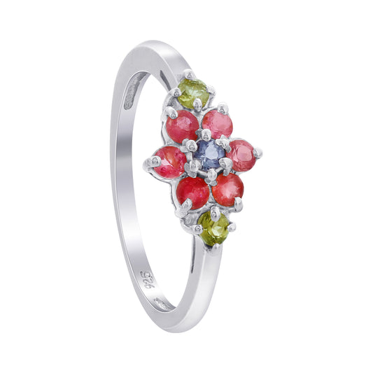 925 Sterling Silver Floral Gemstone Ring for Women Size 8 – Multicolor Tourmaline Flower Design – Elegant Statement Jewelry, Anniversary or Promise Ring Gift