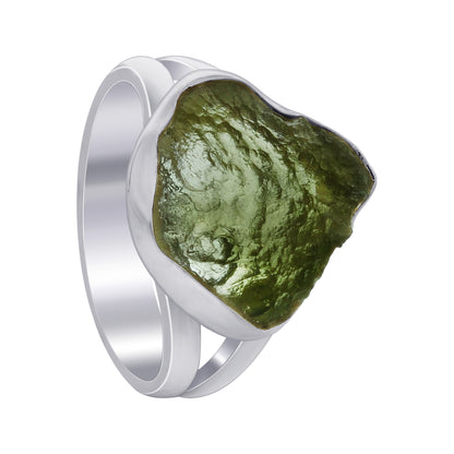 925 Sterling Silver Raw Moldavite Ring Size 6 Natural Green Tektite Crystal Healing Stone Jewelry, Handmade Statement Ring for Women & Men