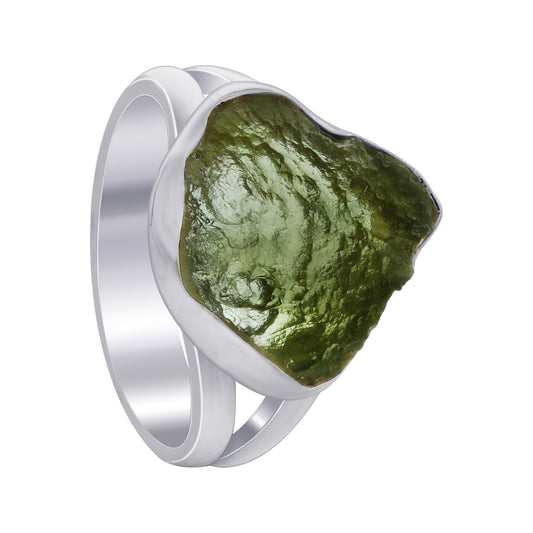925 Sterling Silver Raw Moldavite Ring Size 6 Natural Green Tektite Crystal Healing Stone Jewelry, Handmade Statement Ring for Women & Men