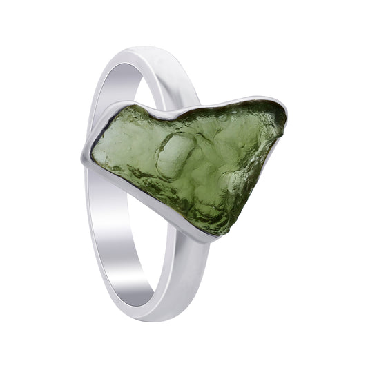 925 Sterling Silver Raw Moldavite Ring Size 8 Natural Green Tektite Crystal Healing Jewelry, Handmade Statement Ring for Women & Men