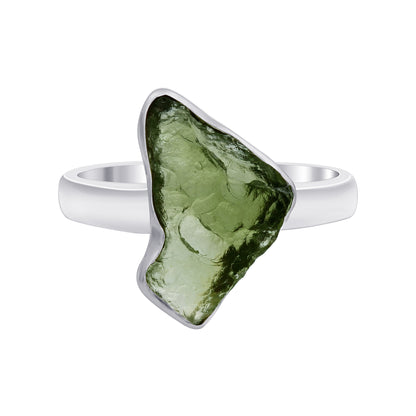 925 Sterling Silver Raw Moldavite Ring Size 8 Natural Green Tektite Crystal Healing Jewelry, Handmade Statement Ring for Women & Men