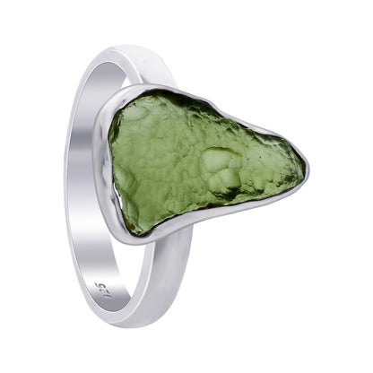 925 Sterling Silver Raw Moldavite Ring Size 8 Natural Green Tektite Crystal Healing Stone Jewelry, Handmade Statement Ring for Women & Men