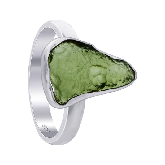 925 Sterling Silver Raw Moldavite Ring Size 8 Natural Green Tektite Crystal Healing Stone Jewelry, Handmade Statement Ring for Women & Men