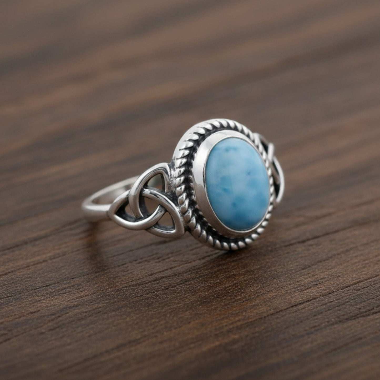 925 Sterling Silver Larimar Gemstone Ring Handmade Boho Celtic Design Vintage Jewelry Gift for Women - GR548