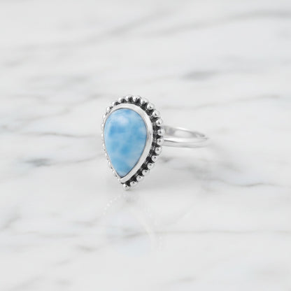 Natural Larimar Teardrop Gemstone Ring in 925 Sterling Silver Handmade Boho Jewelry - GR549