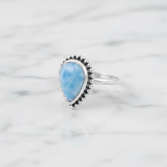 Natural Larimar Teardrop Gemstone Ring in 925 Sterling Silver Handmade Boho Jewelry - GR549