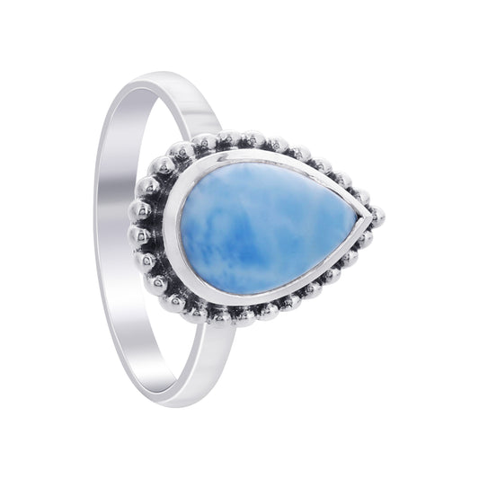 Natural Larimar Teardrop Gemstone Ring in 925 Sterling Silver Handmade Boho Jewelry - GR549