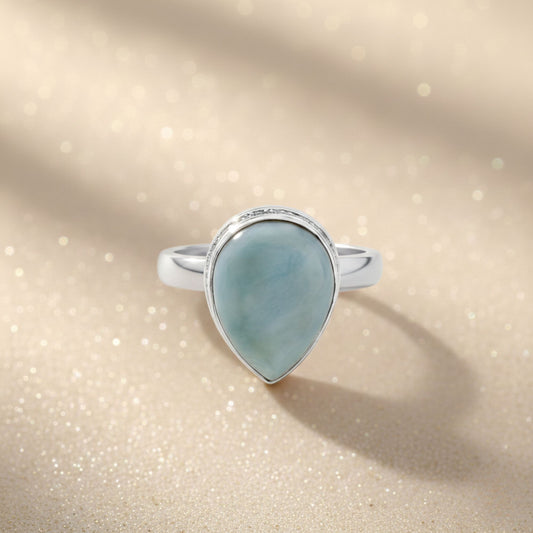 Natural Larimar Teardrop Gemstone Ring in 925 Sterling Silver Handmade Minimal Boho Jewelry Gift for Women - GR550