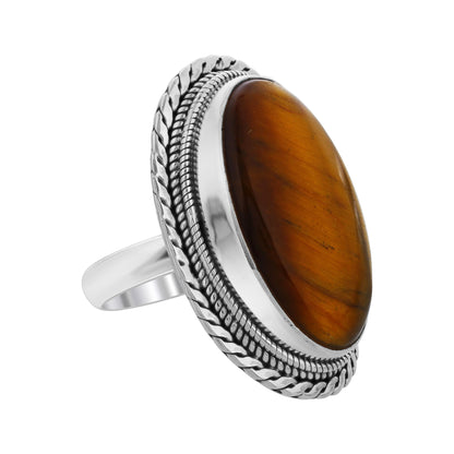 925 Sterling Silver Oval Tiger Eye Gemstone Ring Handmade Boho Vintage Statement Jewelry - GR560