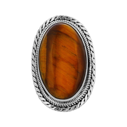 925 Sterling Silver Oval Tiger Eye Gemstone Ring Handmade Boho Vintage Statement Jewelry - GR560