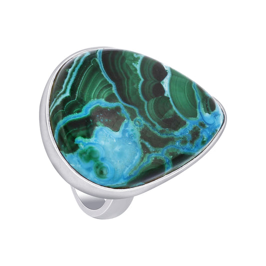 925 Sterling Silver Triangle Malachite Chrysocolla Gemstone Ring Handmade Boho Statement Jewelry - GR564