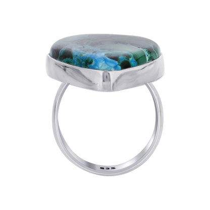 925 Sterling Silver Triangle Malachite Chrysocolla Gemstone Ring Handmade Boho Statement Jewelry - GR564