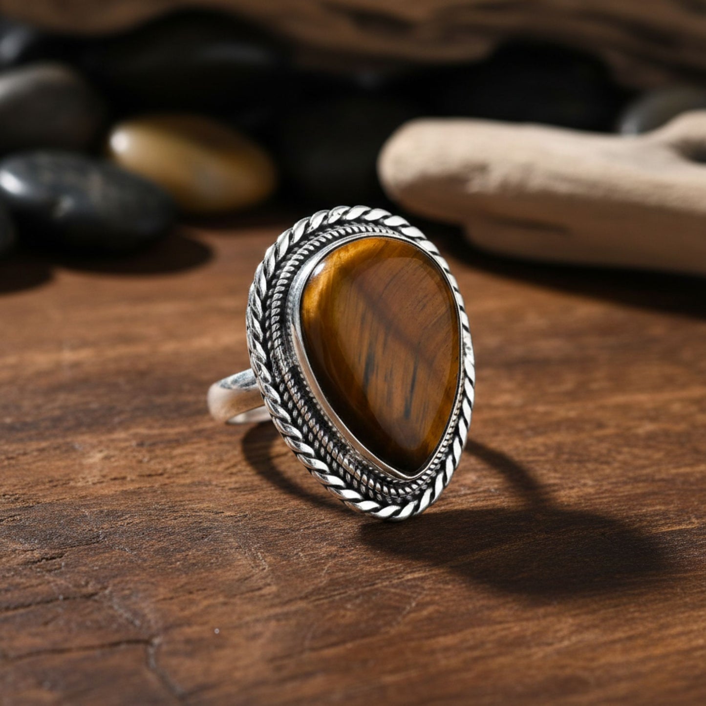 925 Sterling Silver Teardrop Tiger Eye Gemstone Ring Handmade Boho Vintage Statement Jewelry Gift for Women - GR567