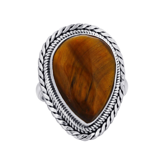 925 Sterling Silver Teardrop Tiger Eye Gemstone Ring Handmade Boho Vintage Statement Jewelry Gift for Women - GR567